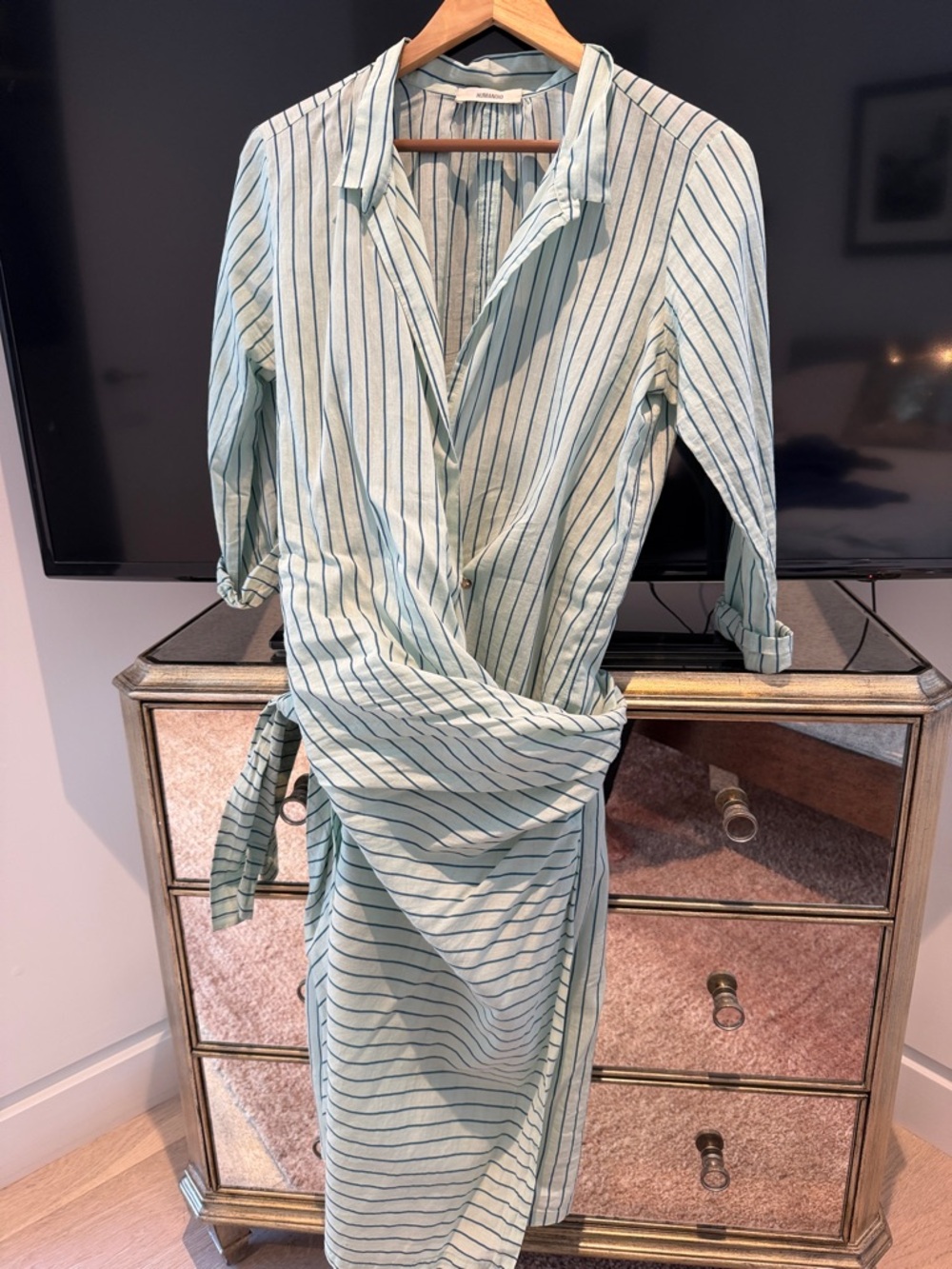 Striped Mint Green Long-Sleeve Wrap Shirt Dress